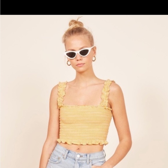 Reformation Cropped Smocked Ruffle Tank – Yellow Striped Top, Size Medium - Picture 4 of 5